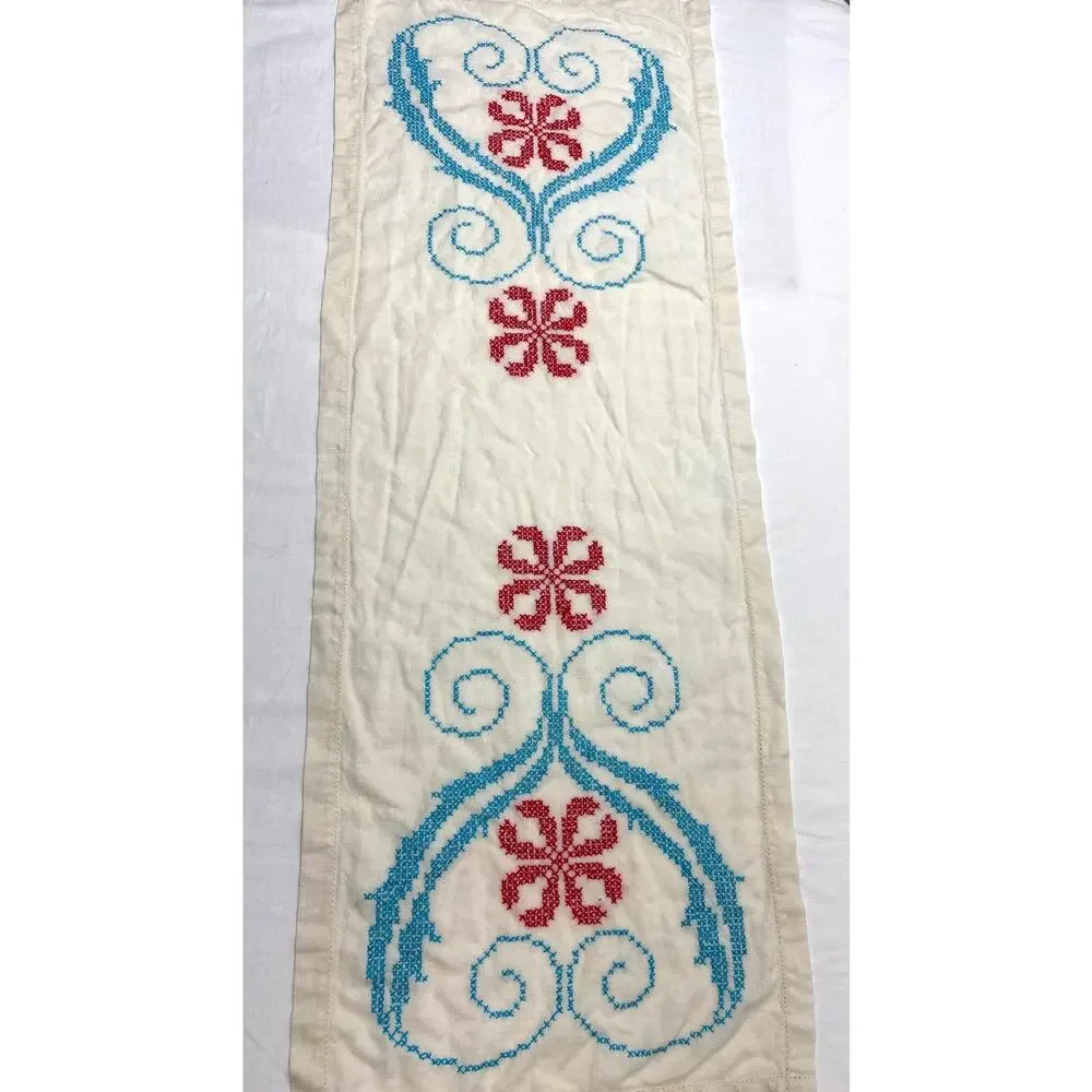 Vintage Off White Linen Cross Stitched Table Runner Blue Red Flowers